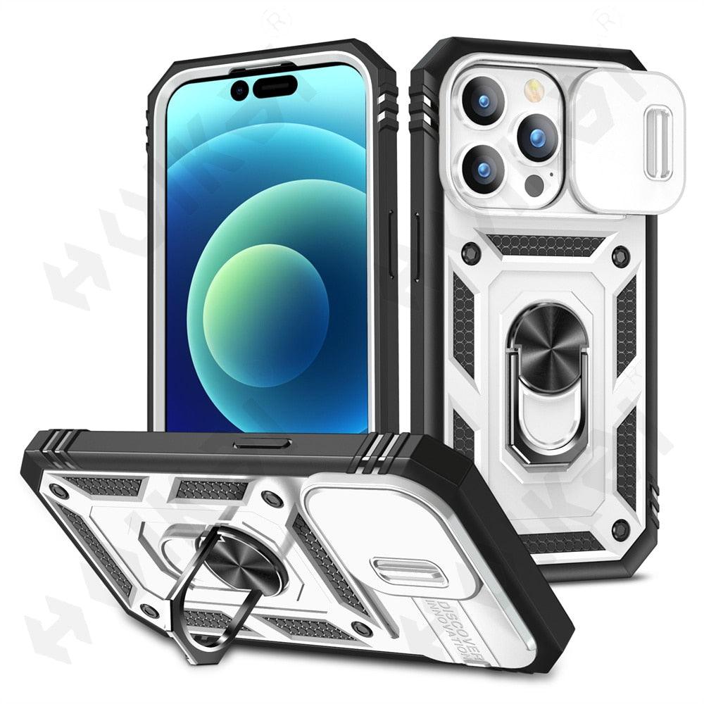 Black Durable Ring Kickstand Case Design Case For iPhone 11 Pro XS Max 8 7 Plus 360 Full Body Protective Slide Camera Stand Protection Ring Cover Protective Case For iPhone
