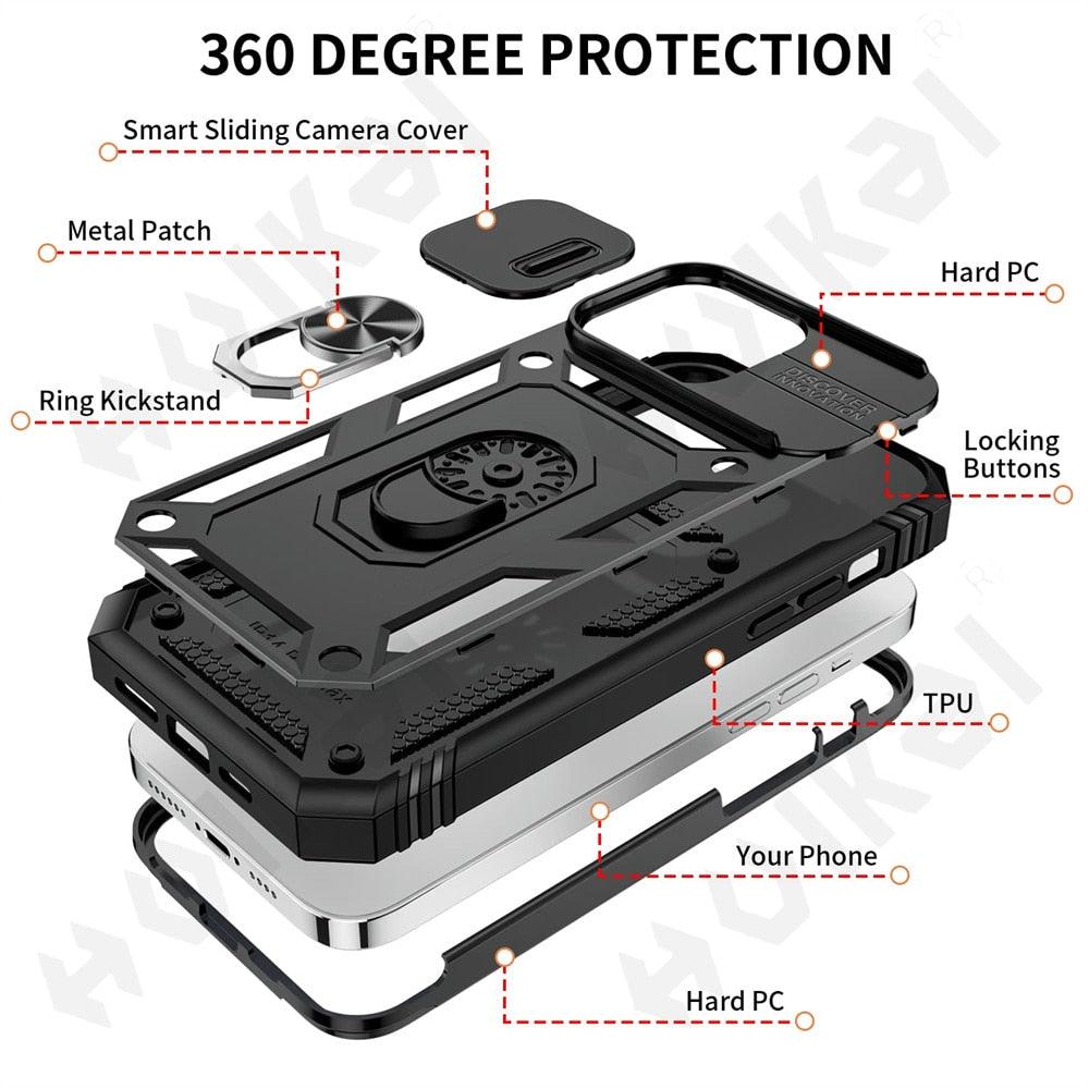 Black Durable Ring Kickstand Case Design Case For iPhone 11 Pro XS Max 8 7 Plus 360 Full Body Protective Slide Camera Stand Protection Ring Cover Protective Case For iPhone