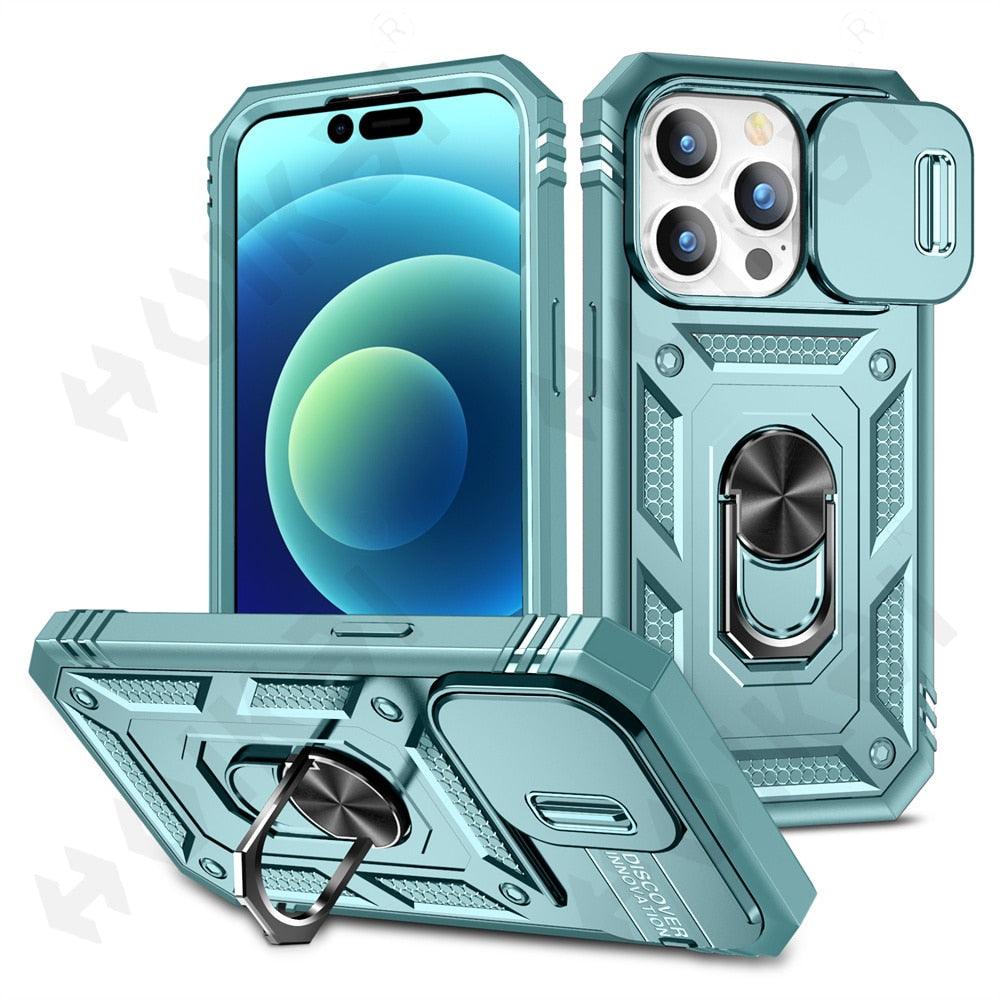 Black Durable Ring Kickstand Case Design Case For iPhone 11 Pro XS Max 8 7 Plus 360 Full Body Protective Slide Camera Stand Protection Ring Cover Protective Case For iPhone