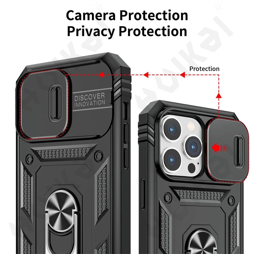 Black Durable Ring Kickstand Case Design Case For iPhone 11 Pro XS Max 8 7 Plus 360 Full Body Protective Slide Camera Stand Protection Ring Cover Protective Case For iPhone