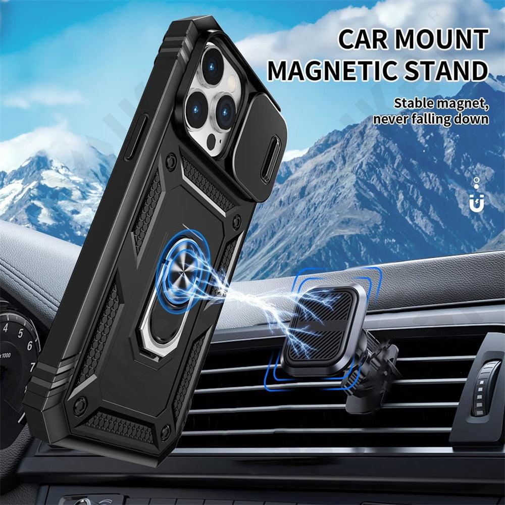 Black Durable Ring Kickstand Case Design Case For iPhone 11 Pro XS Max 8 7 Plus 360 Full Body Protective Slide Camera Stand Protection Ring Cover Protective Case For iPhone