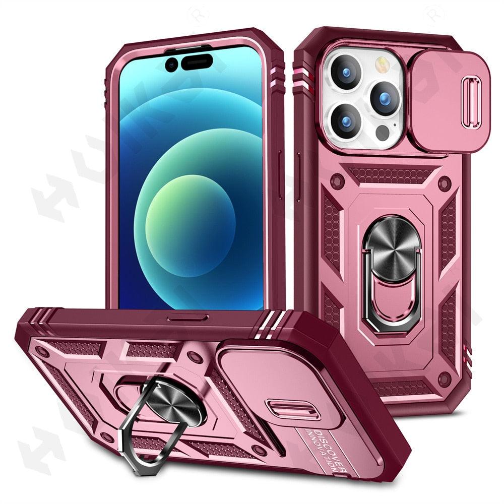 Black Durable Ring Kickstand Case Design Case For iPhone 11 Pro XS Max 8 7 Plus 360 Full Body Protective Slide Camera Stand Protection Ring Cover Protective Case For iPhone