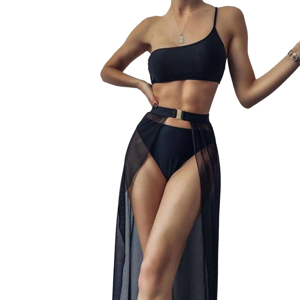 Black Mesh Bikini Cover Up Set Women Bathing Outfits Adults Solid Color One Shoulder Bikini Top Mesh See Through Crochet Off Shoulder Crop Tops 2 Piece Bikini Swimsuit Cover-ups Beach Summer Outfits