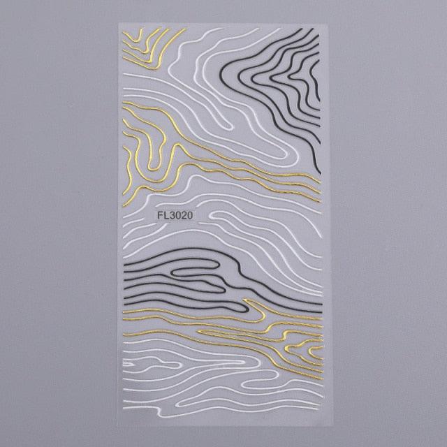 Black White 3D Nail Stickers Metal Gold Silver Geometric Tassel Strip Line Adhesive Transfer Decals Nail Art Design Gold Silver Metal Nail Sticker Metallic Curve Strip Line Nail Decal Self-Adhesive 3D Wave Design Nail Tips Decorations Manicure for Women
