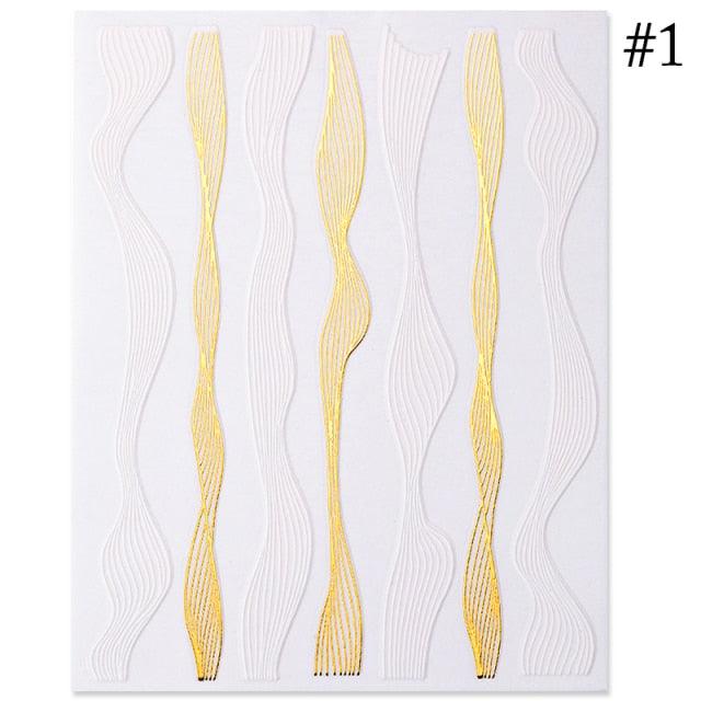 Black White 3D Nail Stickers Metal Gold Silver Geometric Tassel Strip Line Adhesive Transfer Decals Nail Art Design Gold Silver Metal Nail Sticker Metallic Curve Strip Line Nail Decal Self-Adhesive 3D Wave Design Nail Tips Decorations Manicure for Women