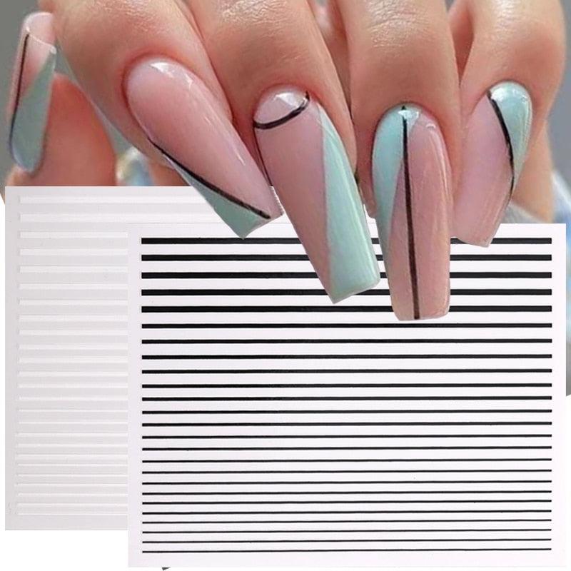 Black White 3D Nail Stickers Metal Gold Silver Geometric Tassel Strip Line Adhesive Transfer Decals Nail Art Design Gold Silver Metal Nail Sticker Metallic Curve Strip Line Nail Decal Self-Adhesive 3D Wave Design Nail Tips Decorations Manicure for Women