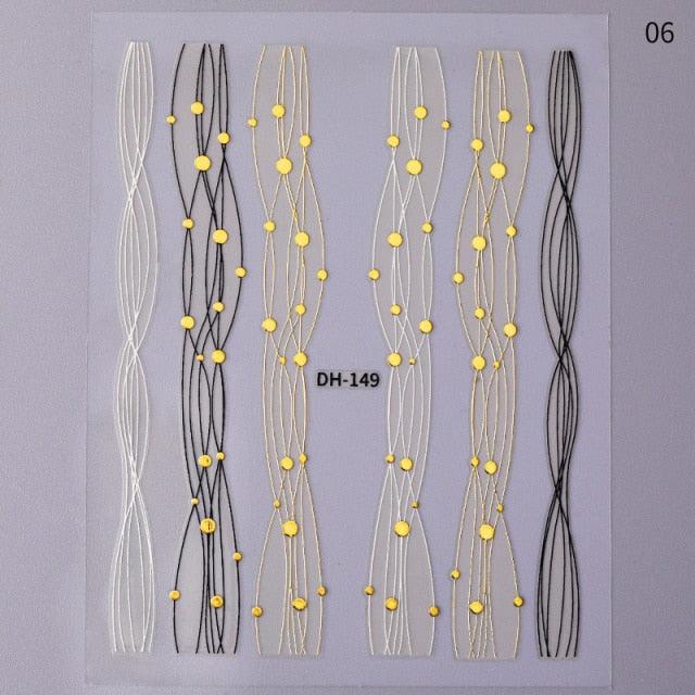 Black White 3D Nail Stickers Metal Gold Silver Geometric Tassel Strip Line Adhesive Transfer Decals Nail Art Design Gold Silver Metal Nail Sticker Metallic Curve Strip Line Nail Decal Self-Adhesive 3D Wave Design Nail Tips Decorations Manicure for Women