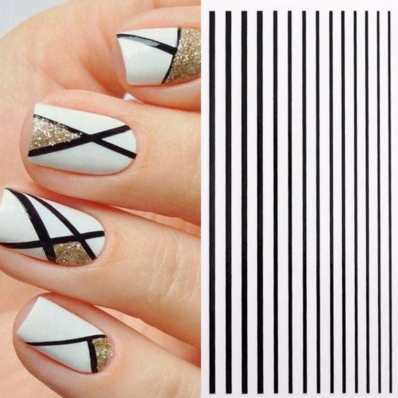 Black White 3D Nail Stickers Metal Gold Silver Geometric Tassel Strip Line Adhesive Transfer Decals Nail Art Design Gold Silver Metal Nail Sticker Metallic Curve Strip Line Nail Decal Self-Adhesive 3D Wave Design Nail Tips Decorations Manicure for Women