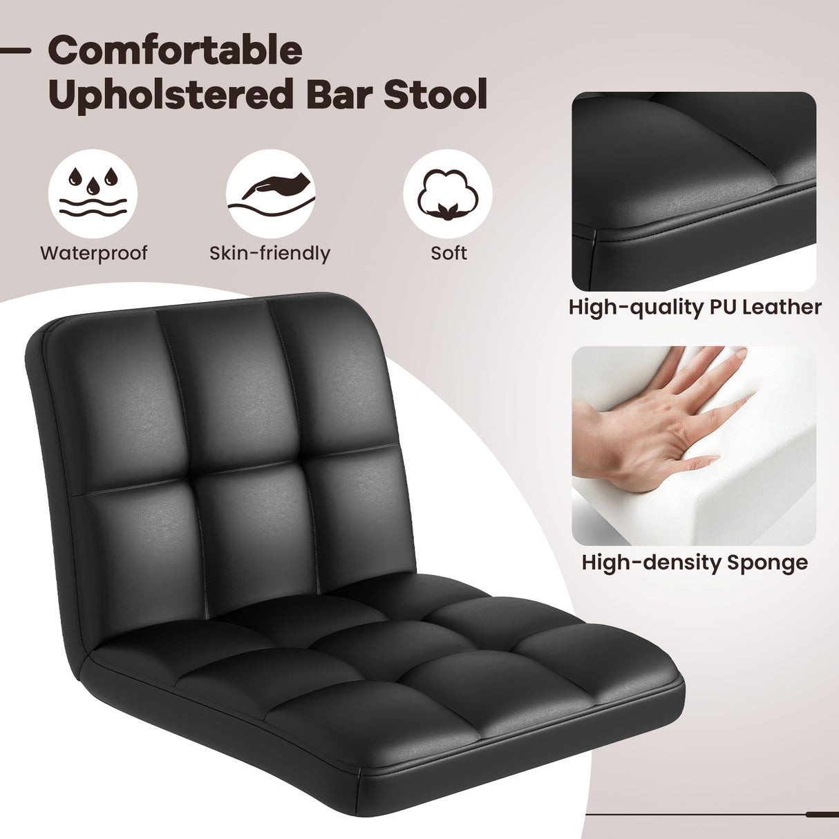 Set of 2 Square Swivel Adjustable PU Leather Bar Stools with Back and Footrest-Black