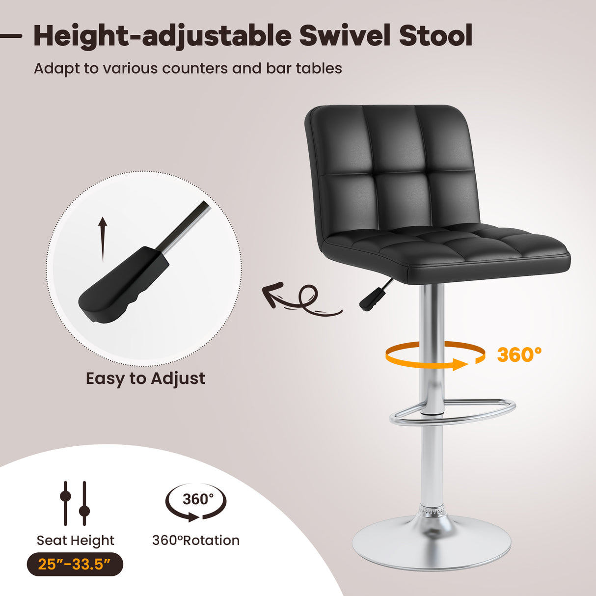 Set of 2 Square Swivel Adjustable PU Leather Bar Stools with Back and Footrest-Black
