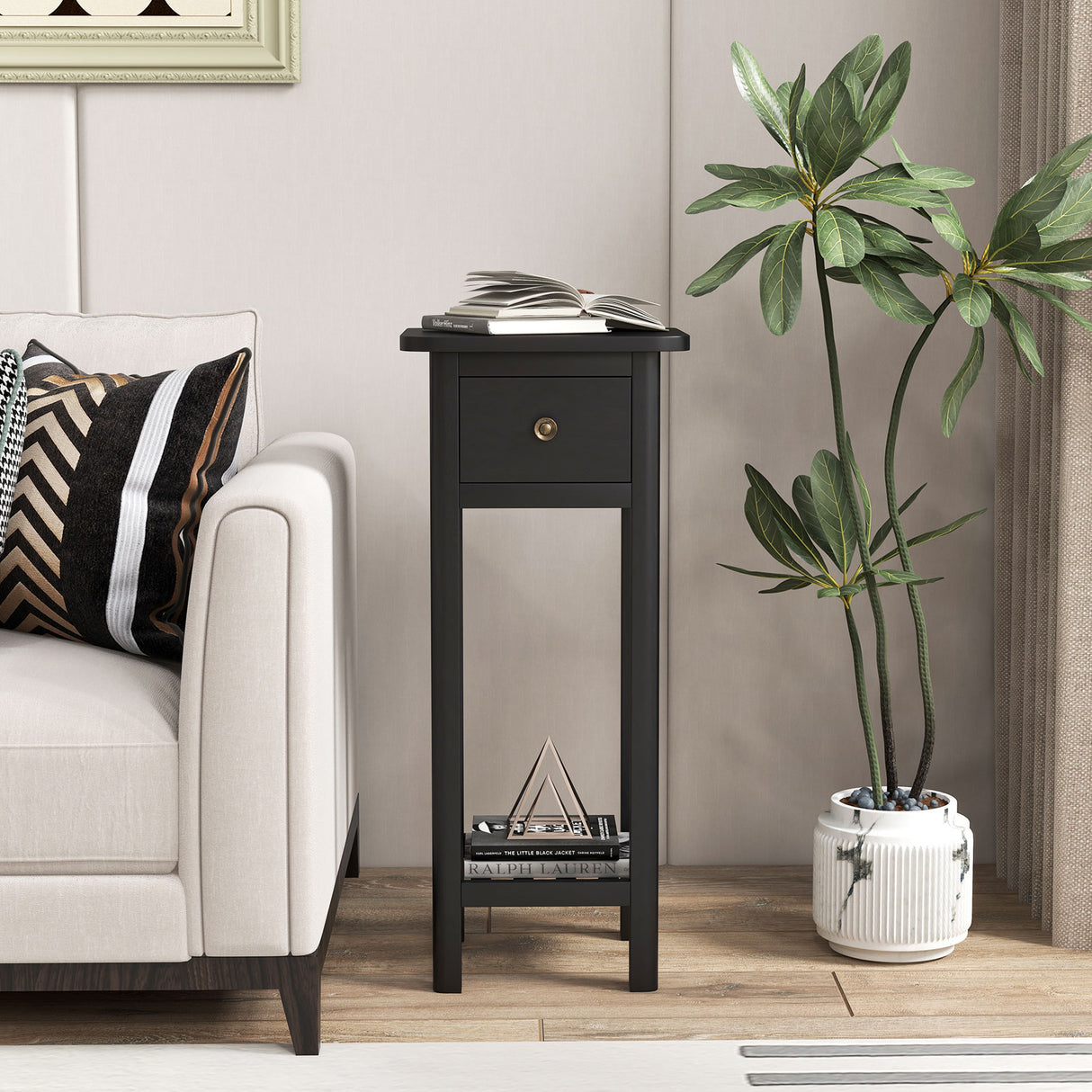 2 Tier Slim Nightstand Bedside Table with Drawer Shelf-Brown