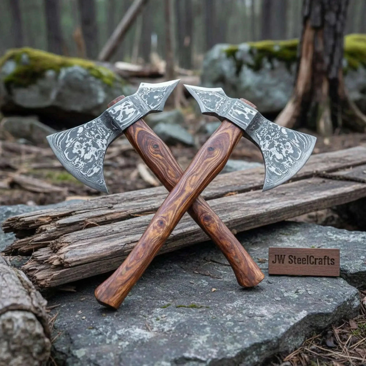 Hand-forged Viking Skeggøx Bearded Axe Set – Pattern-welded Damascus Heads with Hardwood Shafts