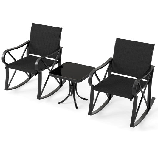 3 Piece Patio Rocking Set with Smooth Rocking Motion Outdoor Rocker Chair Bistro Set-Black