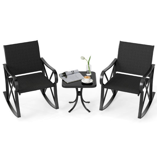 3 Piece Patio Rocking Set with Smooth Rocking Motion Outdoor Rocker Chair Bistro Set-Black