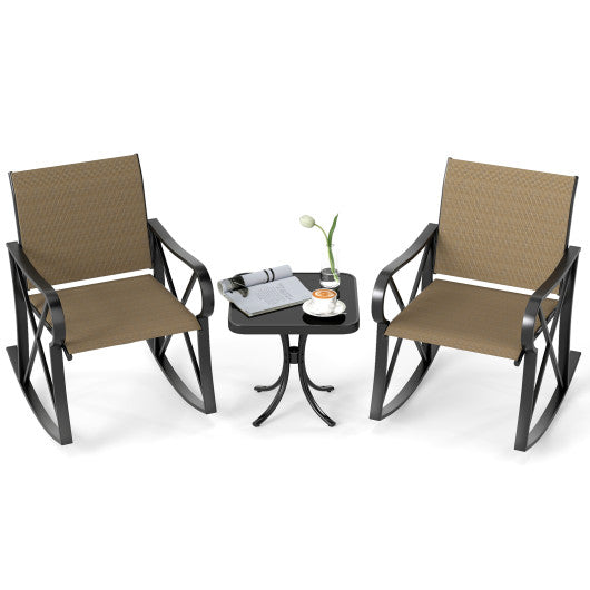 3 Piece Patio Rocking Set with Smooth Rocking Motion Outdoor Rocker Chair Bistro Set -Brown