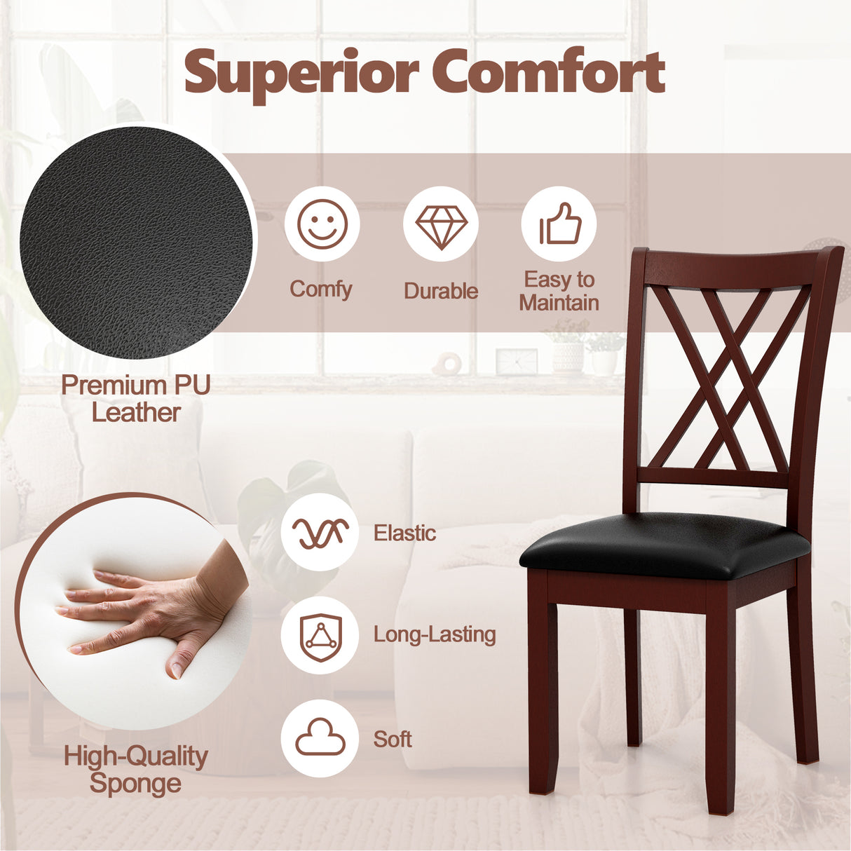 Set of 2 Dining Chair with Backrest and Padded Seat-Brown
