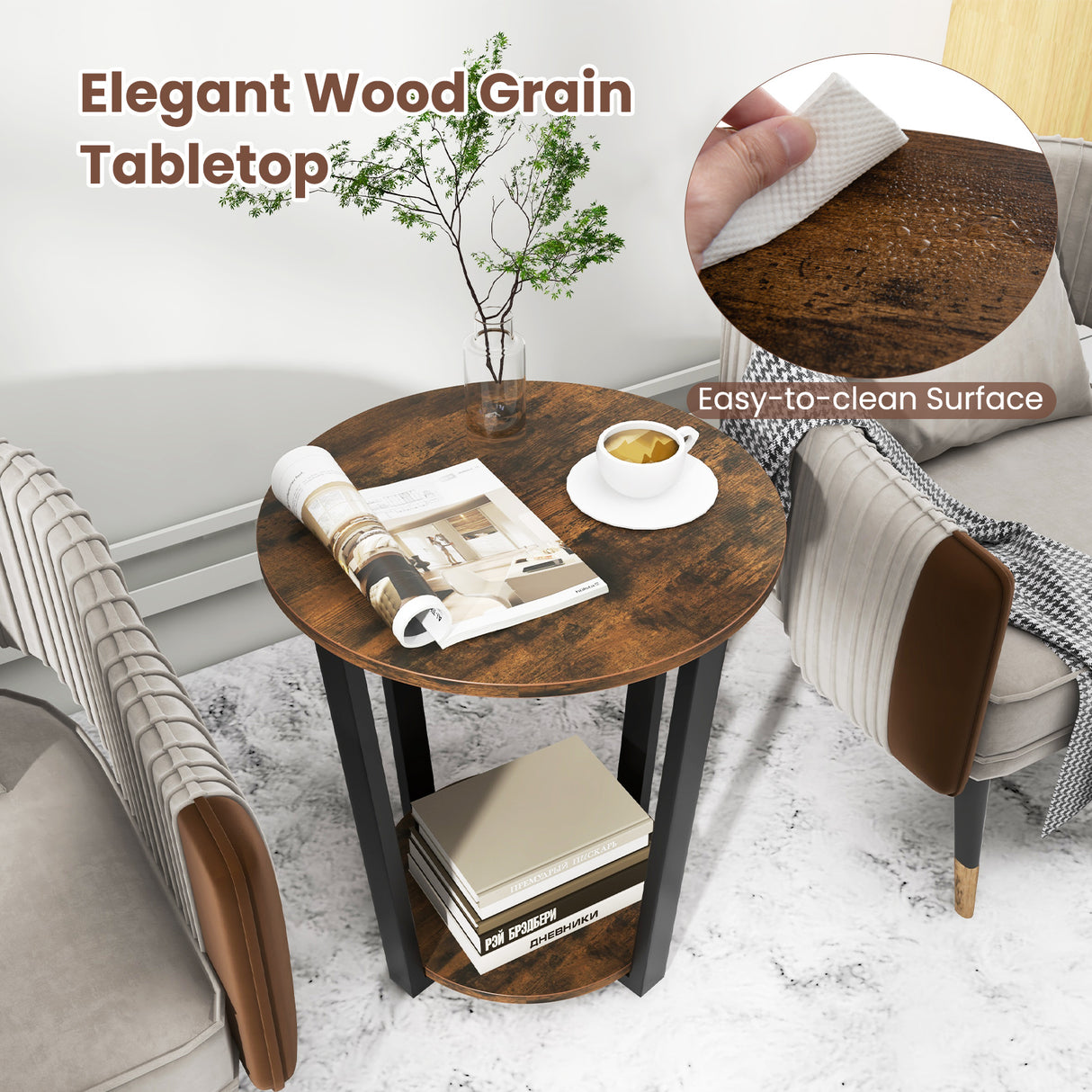 2-tier Round End Table with Storage Shelf and Metal Frame-Brown