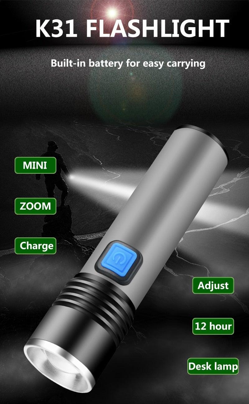 Built in battery XP-G Q5 Zoom Focus Mini led Flashlight Torch Lamp Lantern 2000 Lumen Adjustable Penlight Waterproof T6 light Focus IP65 Water-Resistant Portable for Indoor and Outdoor Camping Hiking