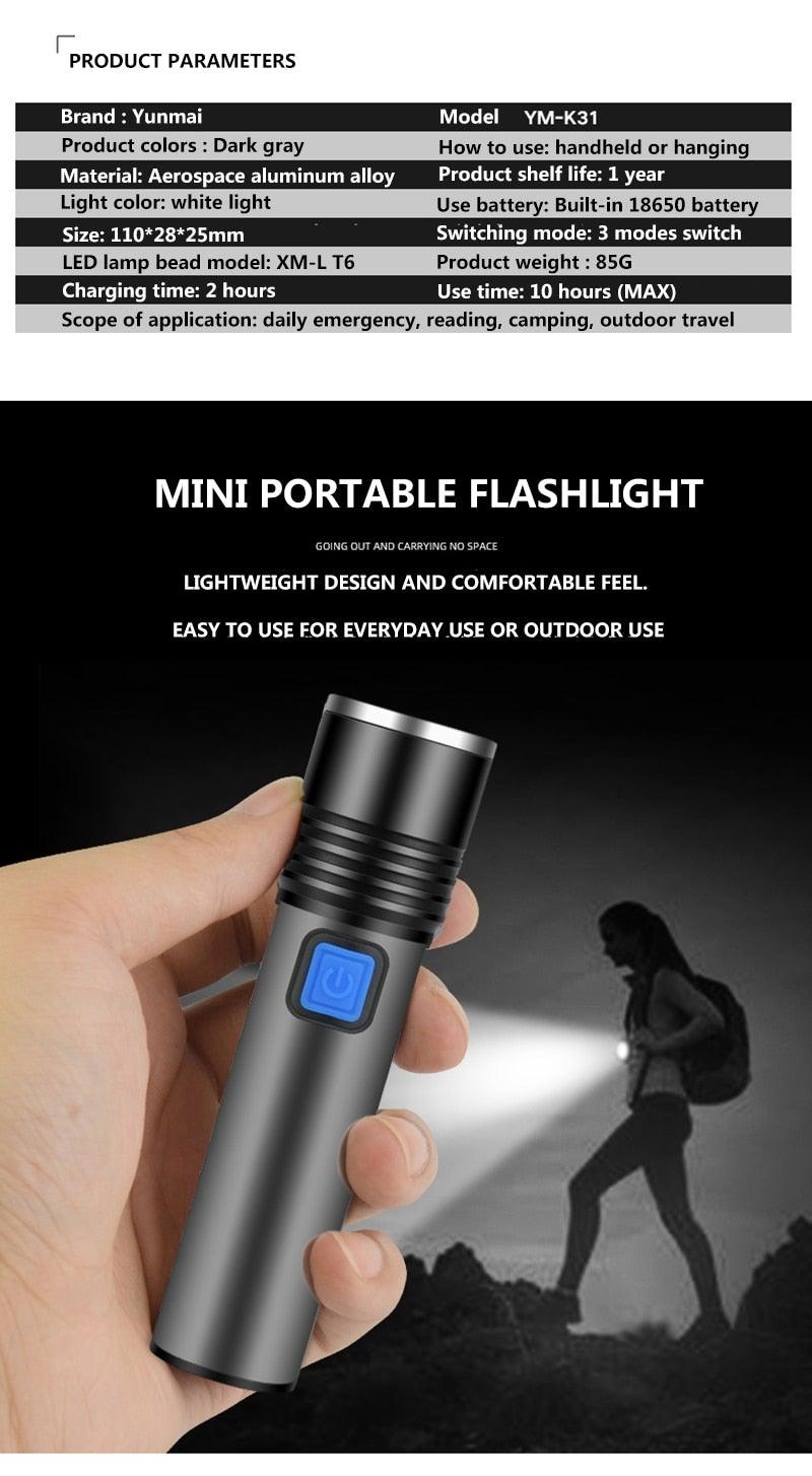 Built in battery XP-G Q5 Zoom Focus Mini led Flashlight Torch Lamp Lantern 2000 Lumen Adjustable Penlight Waterproof T6 light Focus IP65 Water-Resistant Portable for Indoor and Outdoor Camping Hiking