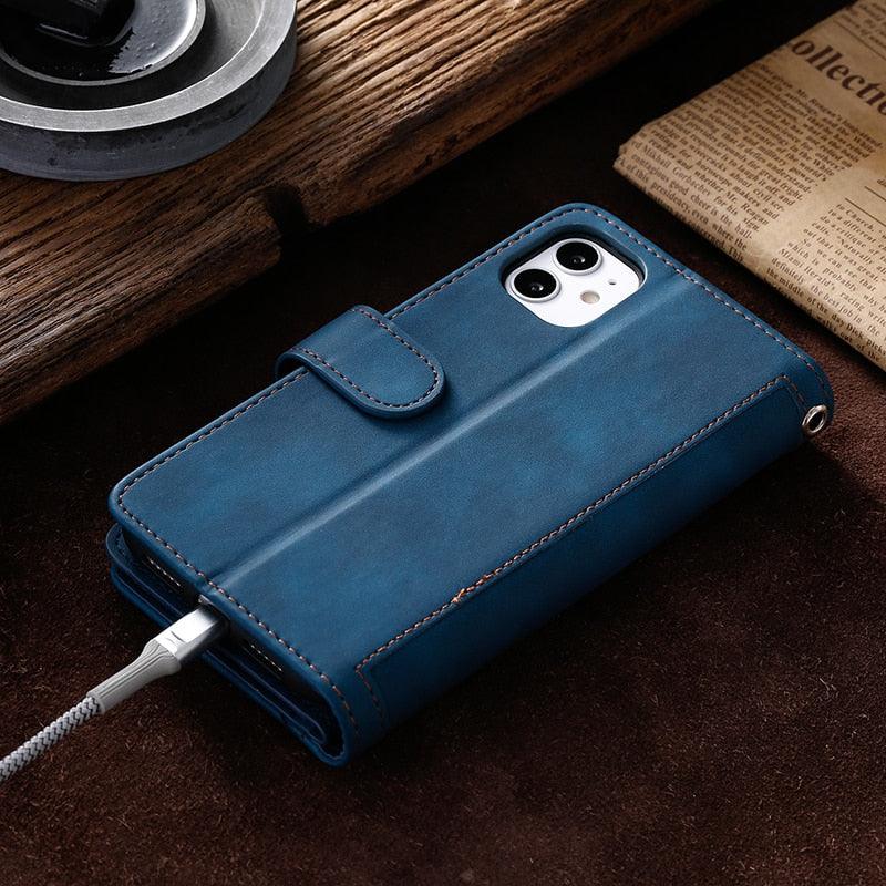 Business Blue New Cards Flip Leather Case For iPhone 14 13 12 11 Pro Max 10 X 6 6s 7 8 Plus XR XS Max Multifunctional Wallet Phone Case Multi-Card Wallet Leather iphone Case
