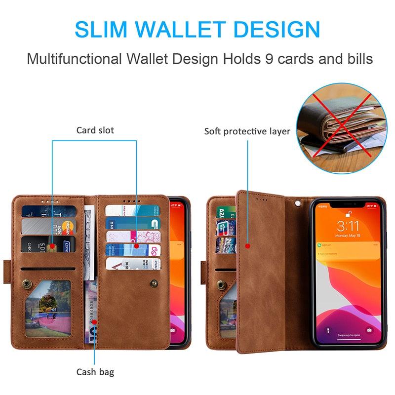Business Blue New Cards Flip Leather Case For iPhone 14 13 12 11 Pro Max 10 X 6 6s 7 8 Plus XR XS Max Multifunctional Wallet Phone Case Multi-Card Wallet Leather iphone Case
