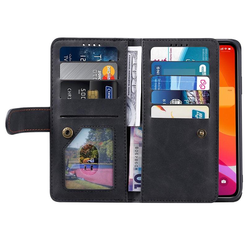 Business Blue New Cards Flip Leather Case For iPhone 14 13 12 11 Pro Max 10 X 6 6s 7 8 Plus XR XS Max Multifunctional Wallet Phone Case Multi-Card Wallet Leather iphone Case