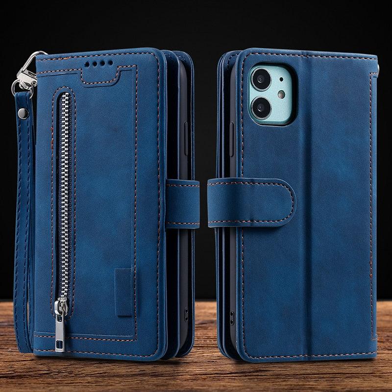 Business Blue New Cards Flip Leather Case For iPhone 14 13 12 11 Pro Max 10 X 6 6s 7 8 Plus XR XS Max Multifunctional Wallet Phone Case Multi-Card Wallet Leather iphone Case
