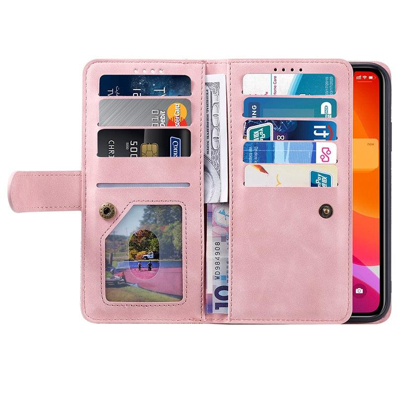 Business Blue New Cards Flip Leather Case For iPhone 14 13 12 11 Pro Max 10 X 6 6s 7 8 Plus XR XS Max Multifunctional Wallet Phone Case Multi-Card Wallet Leather iphone Case