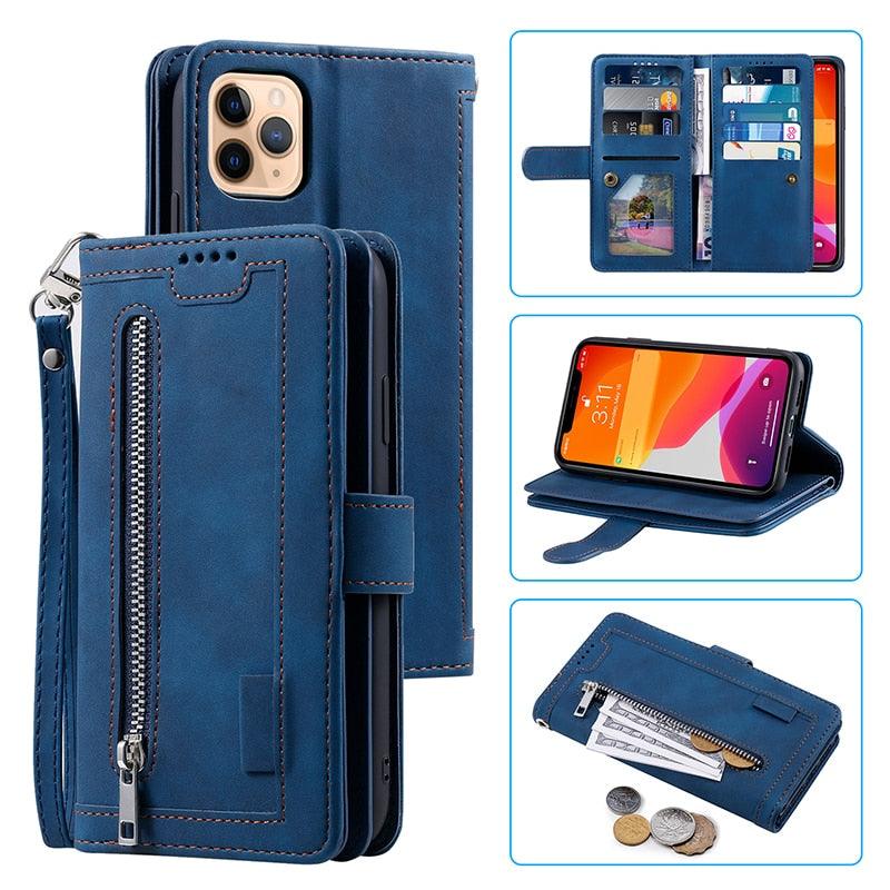Business Blue New Cards Flip Leather Case For iPhone 14 13 12 11 Pro Max 10 X 6 6s 7 8 Plus XR XS Max Multifunctional Wallet Phone Case Multi-Card Wallet Leather iphone Case