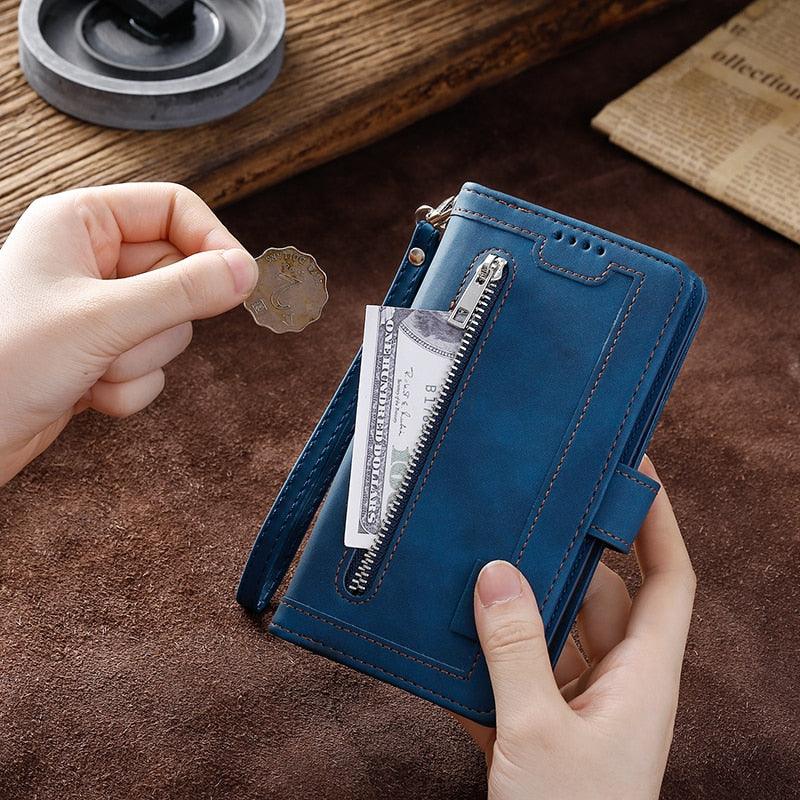 Business Blue New Cards Flip Leather Case For iPhone 14 13 12 11 Pro Max 10 X 6 6s 7 8 Plus XR XS Max Multifunctional Wallet Phone Case Multi-Card Wallet Leather iphone Case