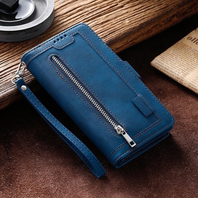 Business Blue New Cards Flip Leather Case For iPhone 14 13 12 11 Pro Max 10 X 6 6s 7 8 Plus XR XS Max Multifunctional Wallet Phone Case Multi-Card Wallet Leather iphone Case