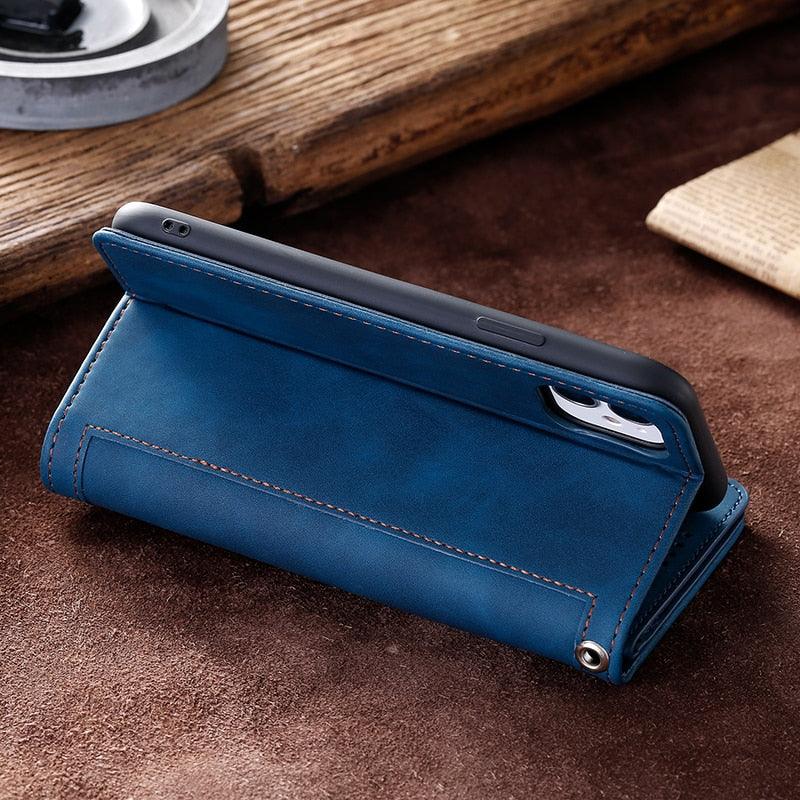 Business Blue New Cards Flip Leather Case For iPhone 14 13 12 11 Pro Max 10 X 6 6s 7 8 Plus XR XS Max Multifunctional Wallet Phone Case Multi-Card Wallet Leather iphone Case