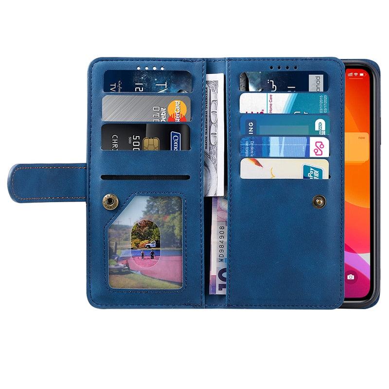 Business Blue New Cards Flip Leather Case For iPhone 14 13 12 11 Pro Max 10 X 6 6s 7 8 Plus XR XS Max Multifunctional Wallet Phone Case Multi-Card Wallet Leather iphone Case