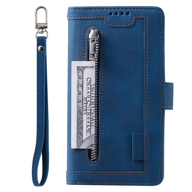 Business Blue New Cards Flip Leather Case For iPhone 14 13 12 11 Pro Max 10 X 6 6s 7 8 Plus XR XS Max Multifunctional Wallet Phone Case Multi-Card Wallet Leather iphone Case