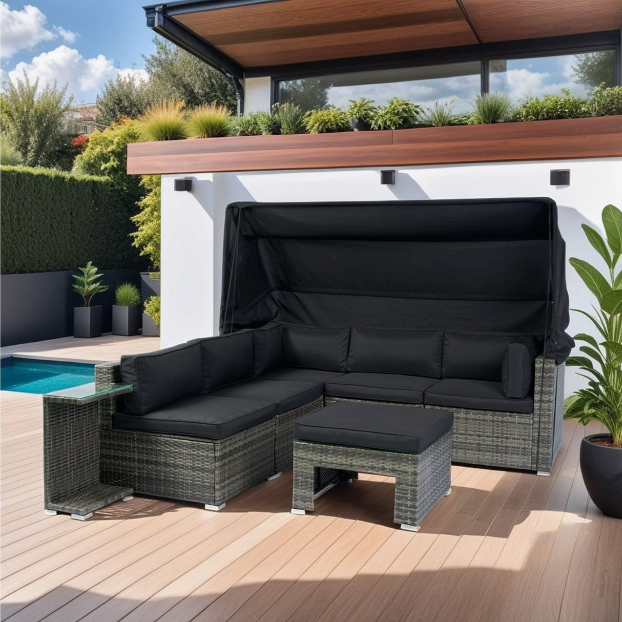 7 Piece Patio Furniture Set With Retractable Canopy Wicker Rattan Sectional Sofa Set Patio Furniture With Washable Cushions For Lawn, Garden, Backyard, Poolside Wicker And Cushion - Gray / Black by Couch.com