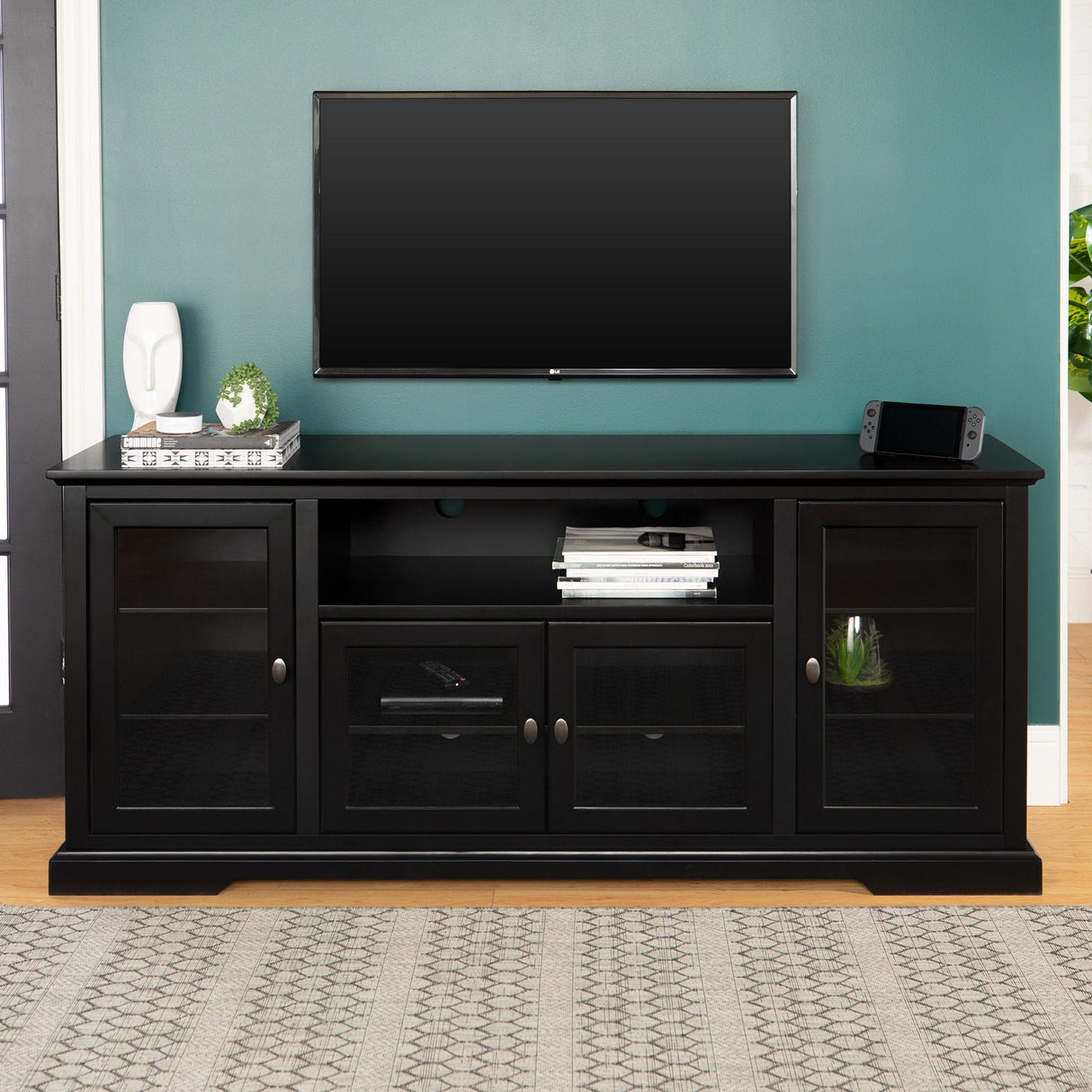 Transitional Classic 70" TV Stand For 80" TVs With 4 Glass Doors by Couch.com