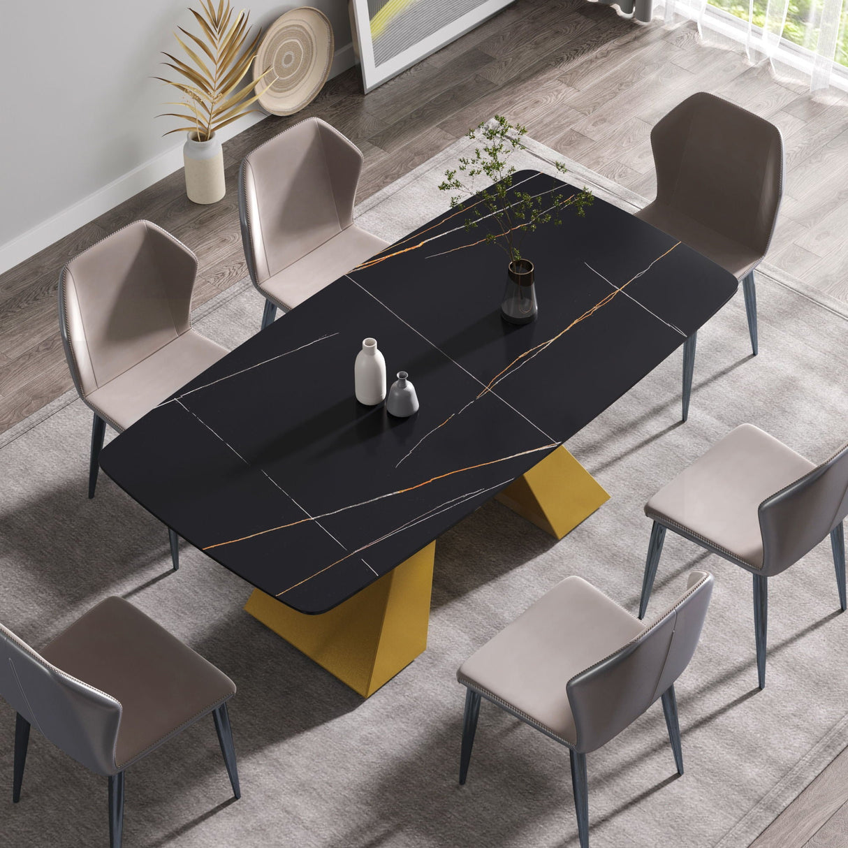 70.87" Modern Artificial Stone Curved Metal Leg Dining Table, Can Accommodate 6-8 People - Black / Gold by Couch.com