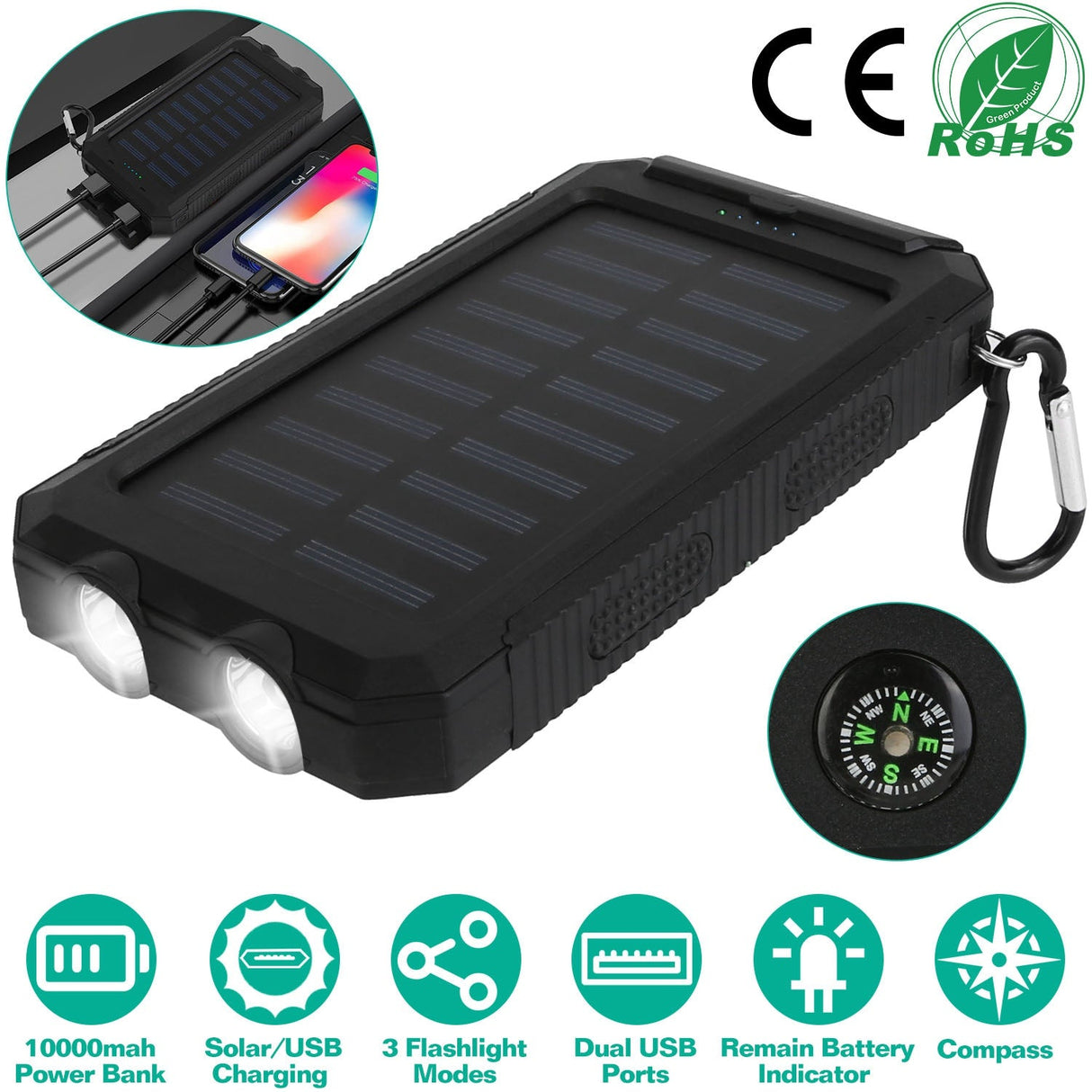 10000mAh Solar Power Bank External Battery Pack Dual USB Ports by DirectDeals
