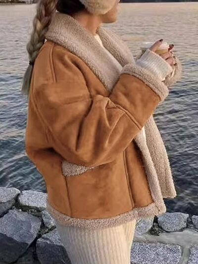 Fuzzy Collared Neck Long Sleeve Jacket with Buttoned Closure and Cozy Pockets