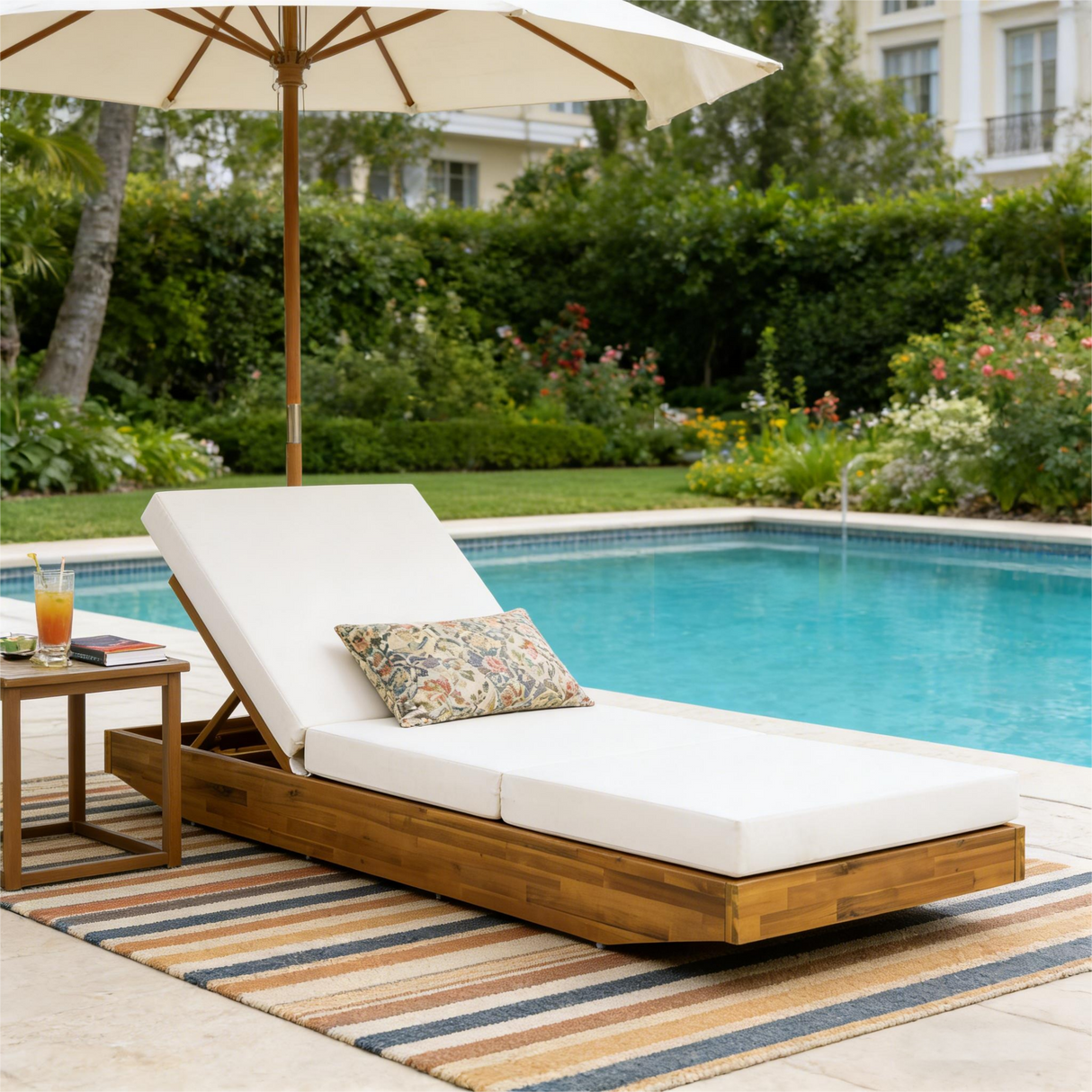 Acacia Wood Chaise Lounge with Cushion