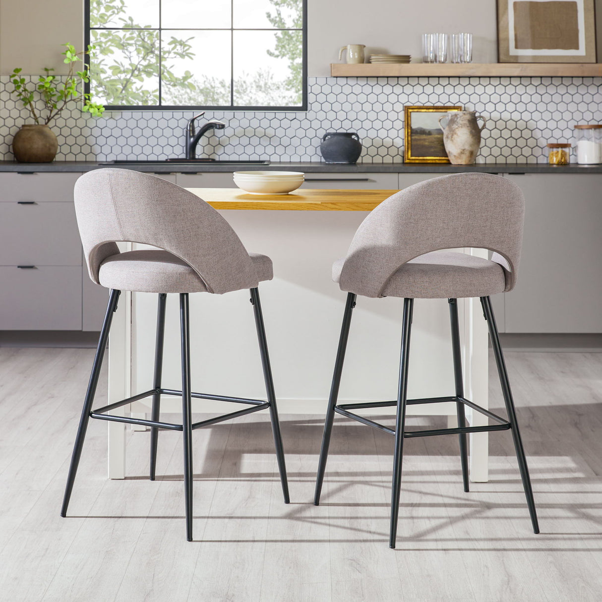 Modern 2 Piece Minimalist Upholstered Bar Stool Set - Mushroom by Couch.com
