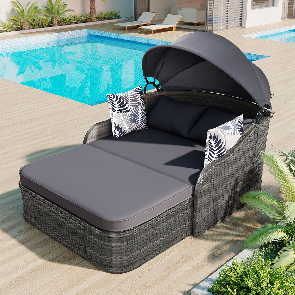 Outdoor Sunbed With Adjustable Canopy, Daybed With Pillows, Double Lounge, PE Rattan Daybed by Couch.com
