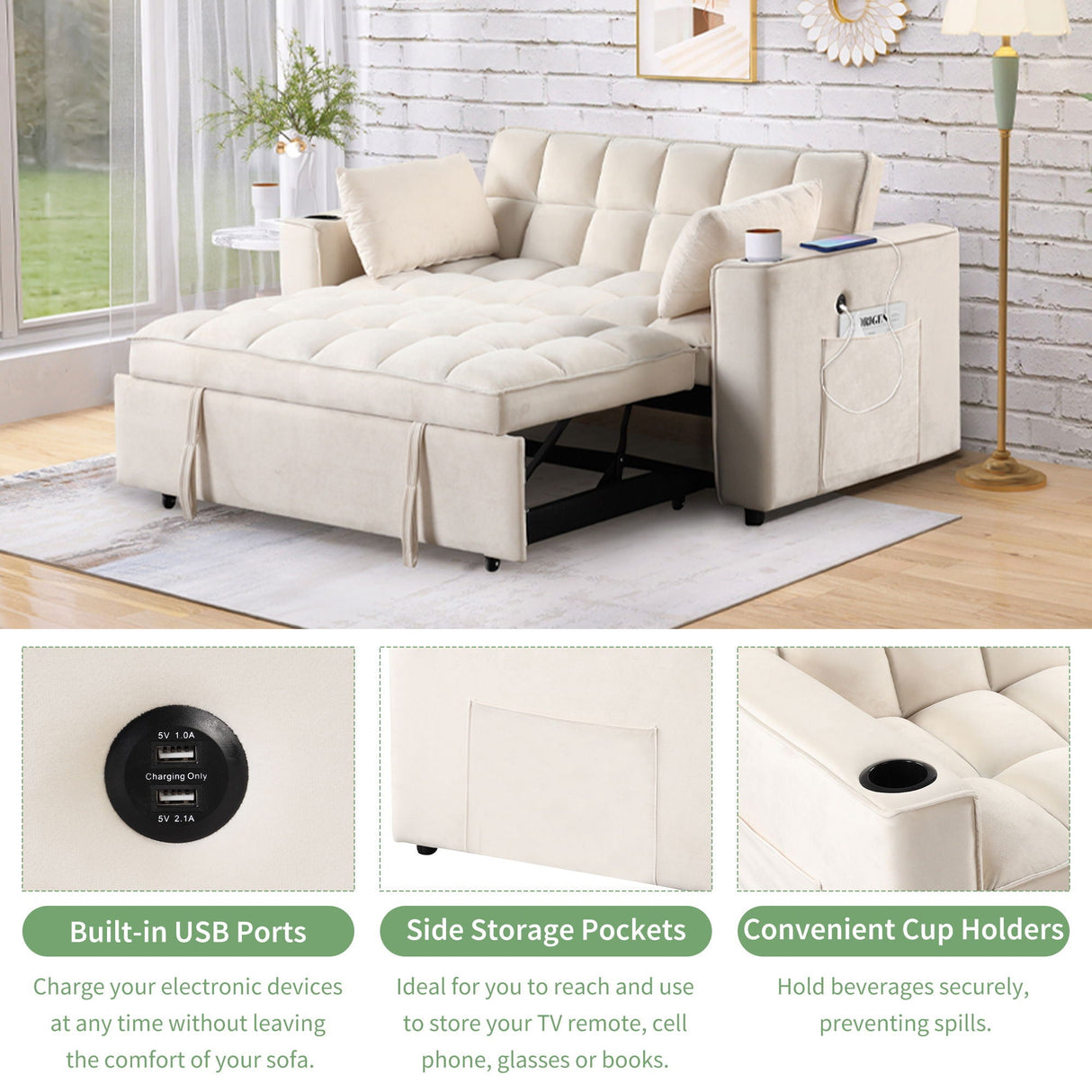 Multi Functional Sofa Bed With Cup Holder And USB Port For Living Room Or Apartments by Couch.com