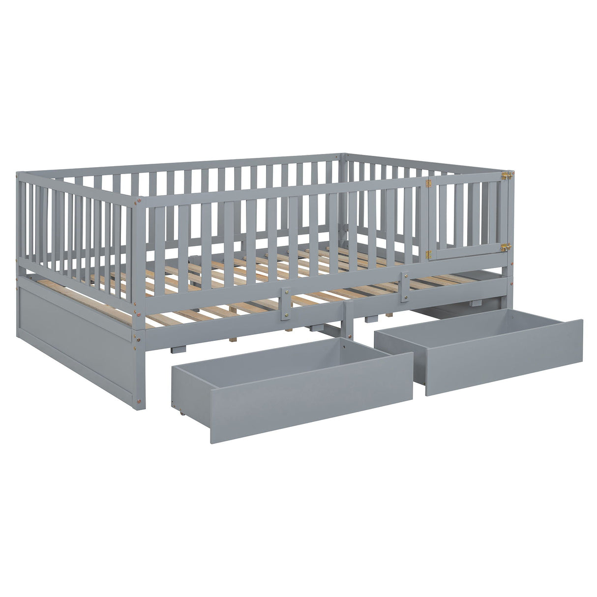 Daybed With Fence Guardrails And 2 Drawers, Split Into Independent Floor Bed & Daybed by Couch.com