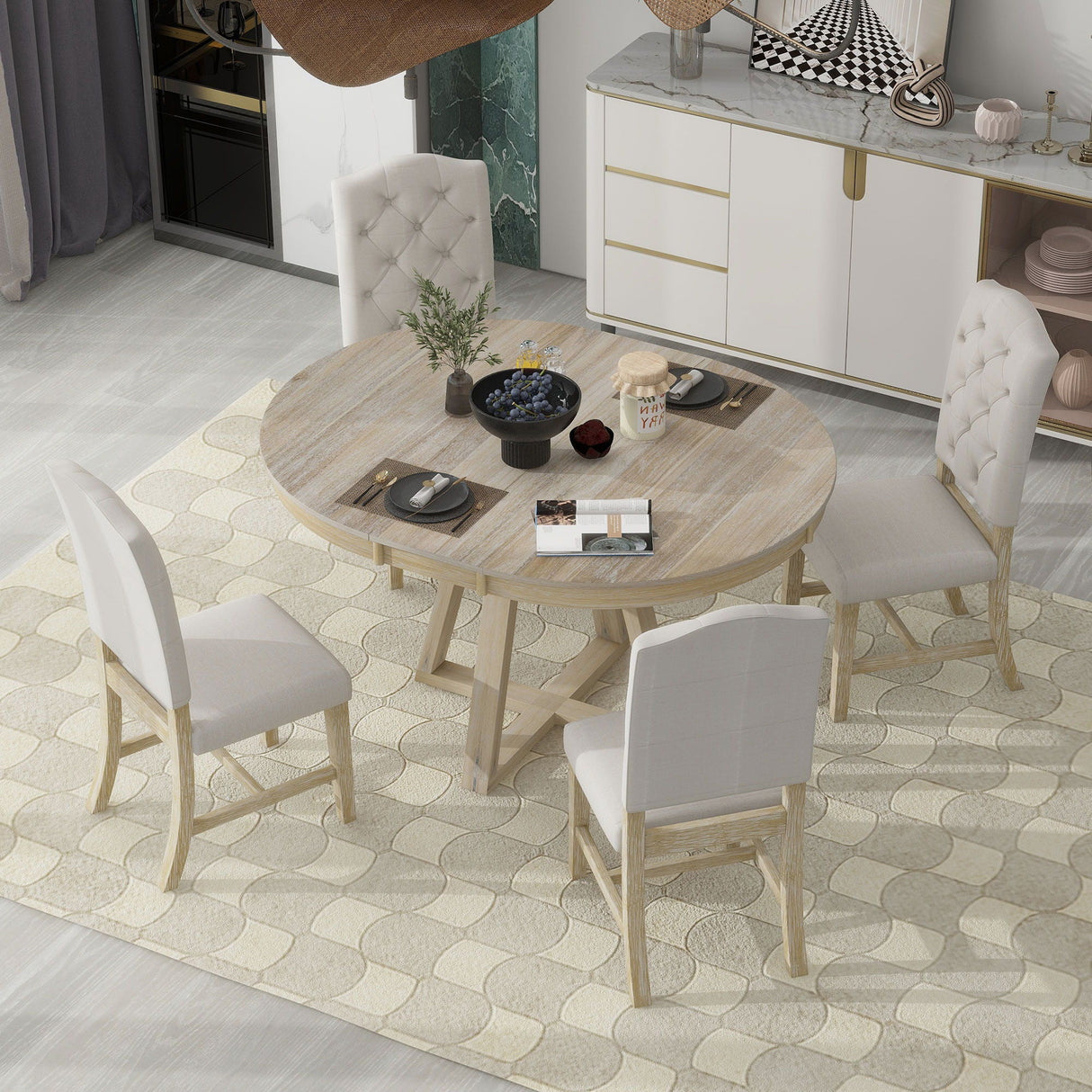 Retro Functional Dining Set, Round Table With Leaf And Upholstered Chairs For Dining Room And Living Room by Couch.com