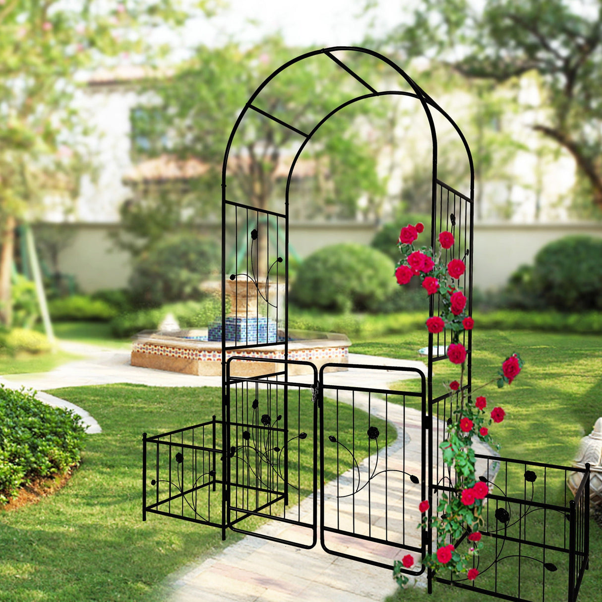 Metal Garden Arch With Gate Wide High Climbing Plants Support Rose Arch Outdoor - Black by Couch.com