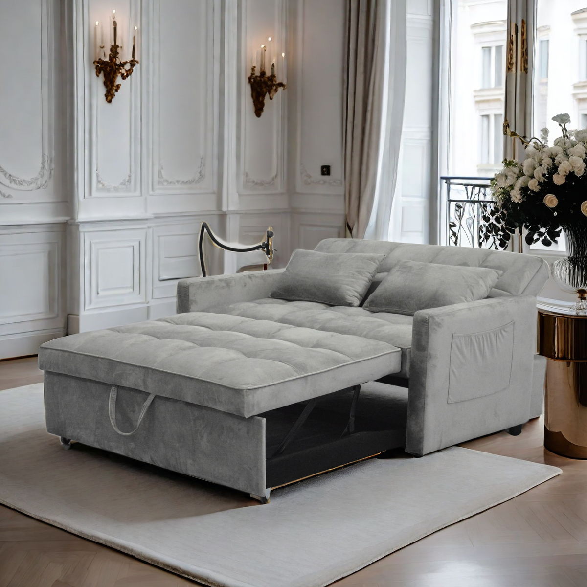 3 In 1 Convertible Sleeper Sofa Bed, Modern Velvet Fabric Futon Sofa Couch Pullout Bed, Adjustable Backrest With Three USB Ports, Two Side Pockets, Two Cup Holders And Swivel Phone Holder by Couch.com