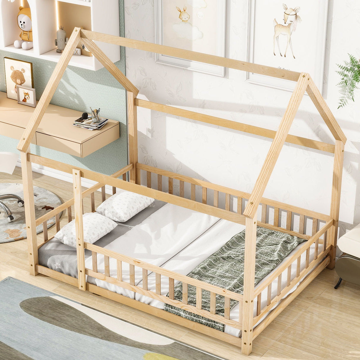 Floor Wooden Bed With House Roof Frame, Fence Guardrails by Couch.com