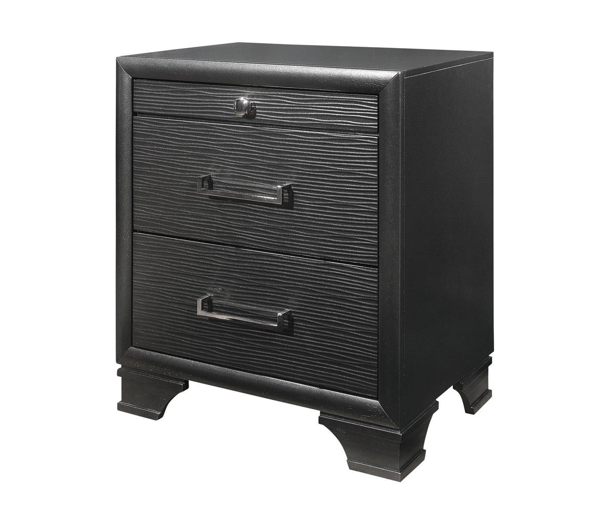 The Civic nightstand is black with two wooden drawers, featuring carved accents and sleek metallic handles. A round knob adorns the top drawer, while a rectangular handle graces the bottom one. It stands on decorative bracket feet.