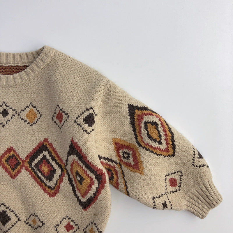 Graffiti Rhombus Cool Contrast Color Kids' Sweater Autumn And Winter Korean Style